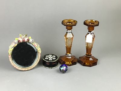 Lot 17 - A PAIR OF AMBER GLASS CANDLESTICKS, BARBOLA DRESSING MIRROR AND OTHER ITEMS
