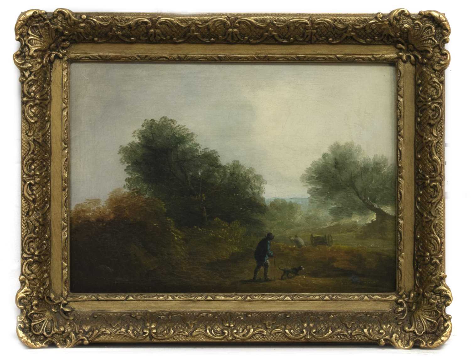 Lot 67 - FIGURE WITH DOG, AN OIL IN THE MANNER OF BENJAMIN BARKER OF BATH