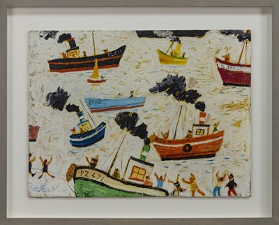 Lot 538 - BOATS OFF ST IVES, AN OIL BY SIMEON STAFFORD
