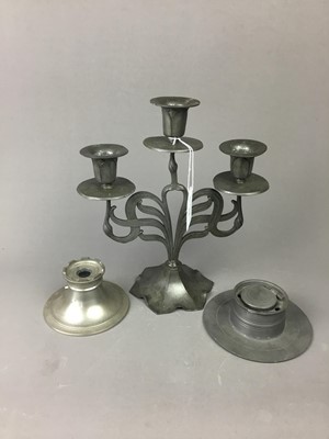 Lot 116 - AN 'ORIVIT' ART NOUVEAU PEWTER CANDELABRUM AND TWO INKWELLS