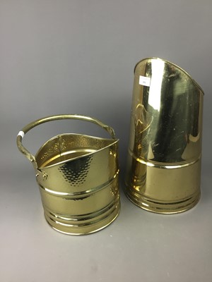 Lot 191 - TWO MODERN BRASS FUEL BINS AND FIRE IRONS