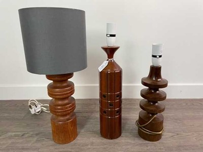 Lot 210 - A RETRO TEAK TABLE LAMP AND TWO OTHER TABLE LAMPS