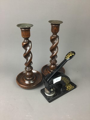 Lot 209 - A PAIR OF OAK SPIRAL TWIST CANDLESTICKS AND OTHER ITEMS