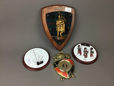 Lot 215 - A WALL HANGING MCLEOD SHIELD, SHIELD SHAPED BAROMETER, DOOR STOP AND OTHER OBJECTS