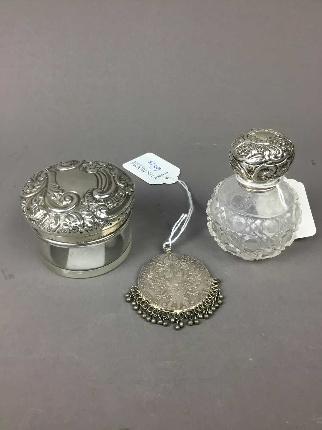 Lot 65 - A LOT OF TWO SILVER TOPPED TOILET JARS AND A COIN