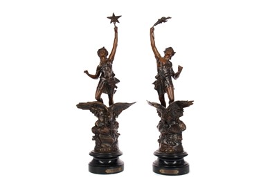 Lot 821 - A PAIR OF BRONZED SPELTER FIGURES OF LA NUIT AND LE JOUR