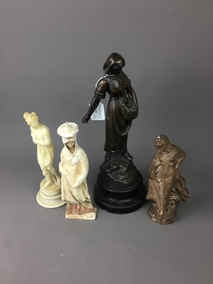 Lot 31 - A BRONZED SPELTER FIGURE OF A FEMALE FIELD WORKER AND THREE OTHERS