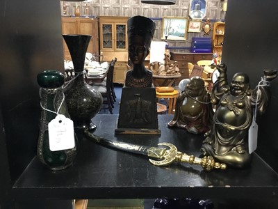 Lot 72 - A BRONZED NEFERTITI BUST ALONG WITH OTHER ASIAN INTEREST ITEMS