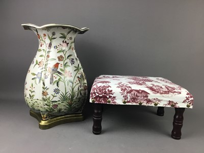 Lot 156 - A CRACKLE GLAZE VASE ALONG WITH A FOOTSTOOL AND A MIRROR