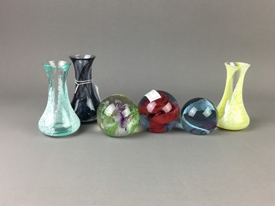 Lot 136 - A LOT OF TWO CAITHNESS GLASS PAPERWEIGHTS AND ANOTHER, ALSO THREE GLASS VASES
