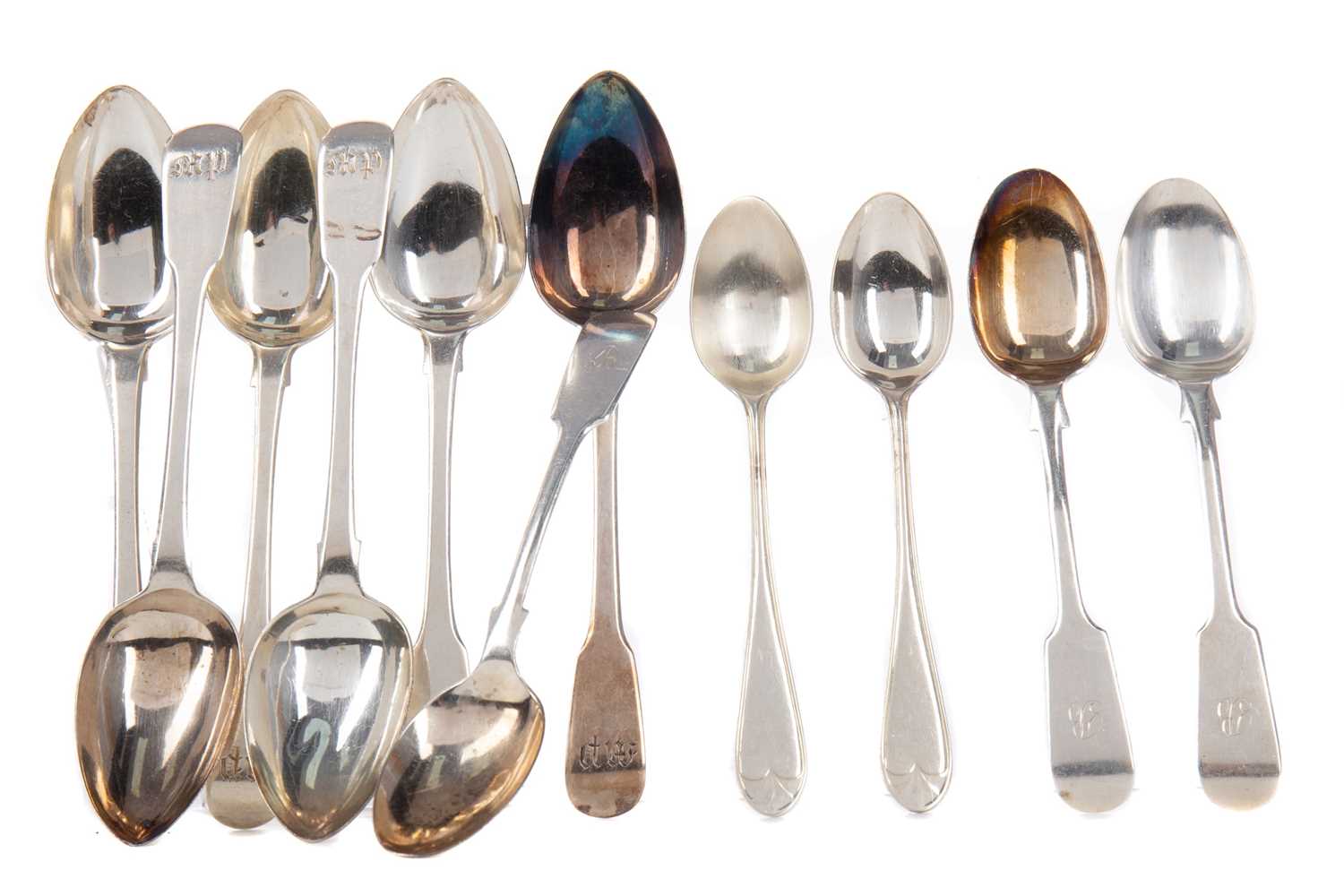 Lot 547 - A SET OF SIX GEORGE III TEASPOONS ALONG WITH OTHER SILVER SPOONS