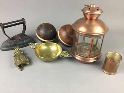 Lot 252 - A COPPER LAMP, SHOE LAST AND TRENCH ART CONTAINED IN A WICKER BASKET