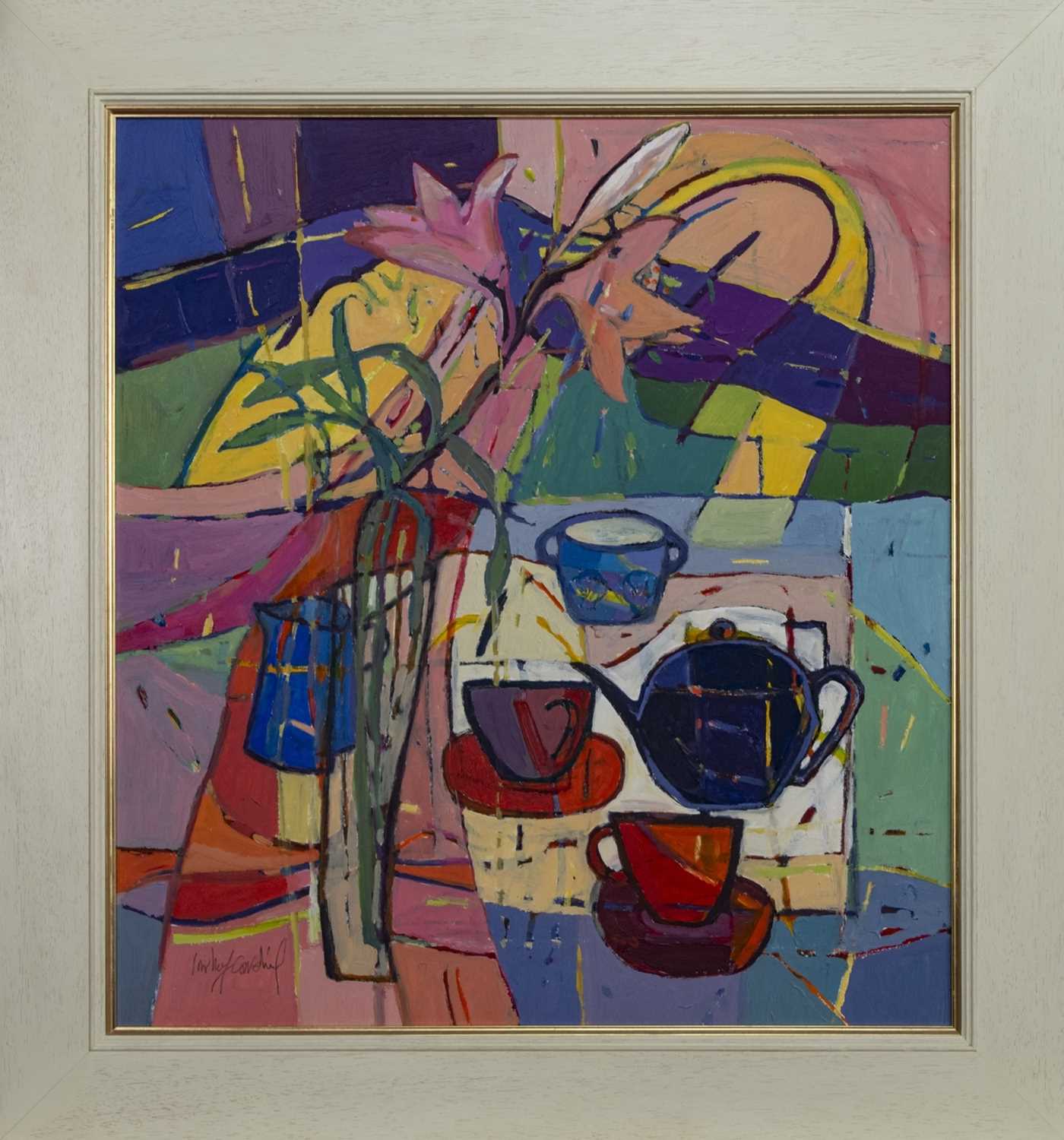 Lot 605 - TEA AND LILIES, AN OIL BY CATHERINE IMHOF-CARDINAL
