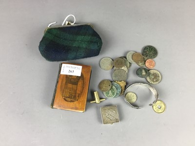 Lot 263 - A SILVER STAMP BOX, ALONG WITH COINS AND A MAUCHLINE DICTIONARY