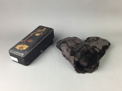 Lot 265 - A JAPANESE LACQUERED BOX, OBLONG TRAY AND BEARSKIN GLOVES