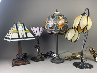 Lot 349 - A TIFFANY STYLE TABLE LAMP AND THREE OTHERS