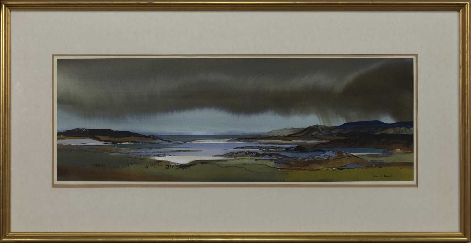 Lot 628 - STORM OVER ARISAIG, A WATERCOLOUR BY TOM SHANKS