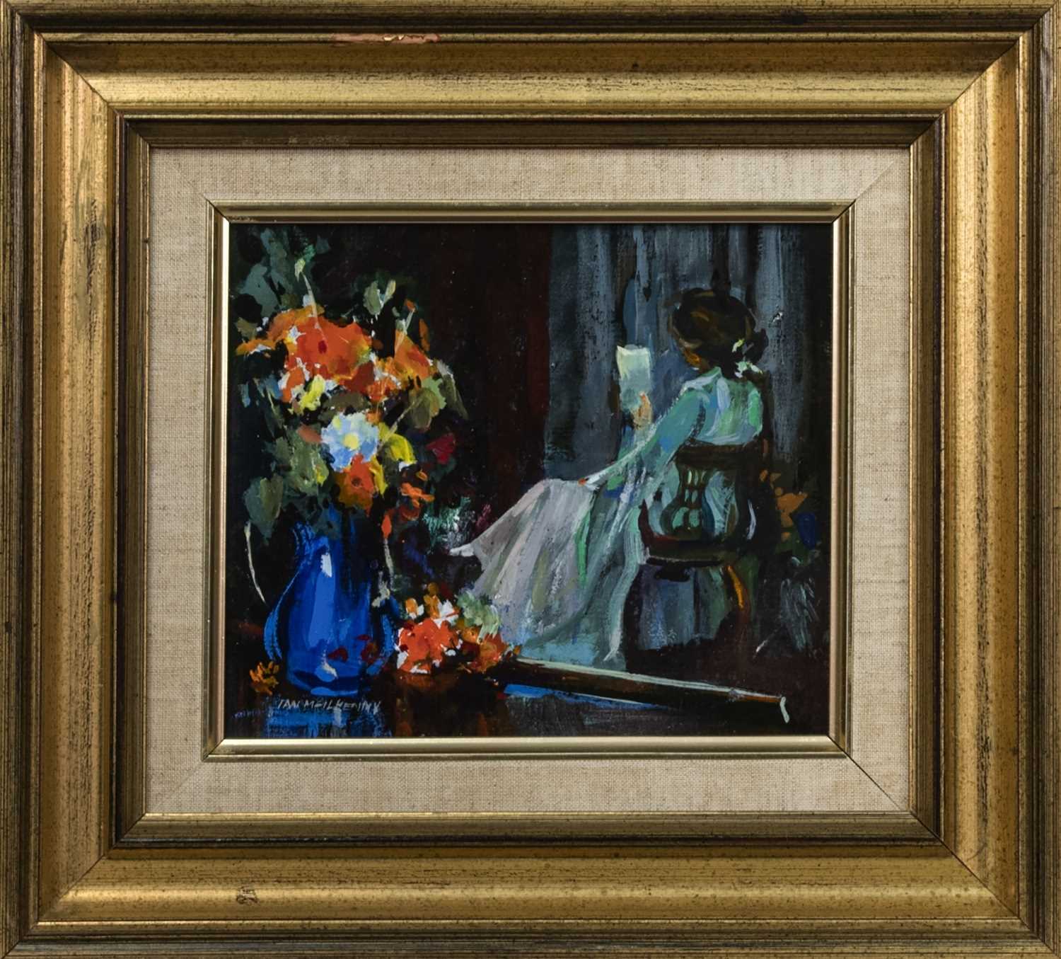 Lot 416 - STILL LIFE WITH WOMAN, AN OIL BY IAN MCILHENNY