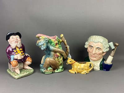 Lot 351 - A MAJOLICA JUG, ROYAL DOULTON CHARACTER JUG AND OTHER ITEMS