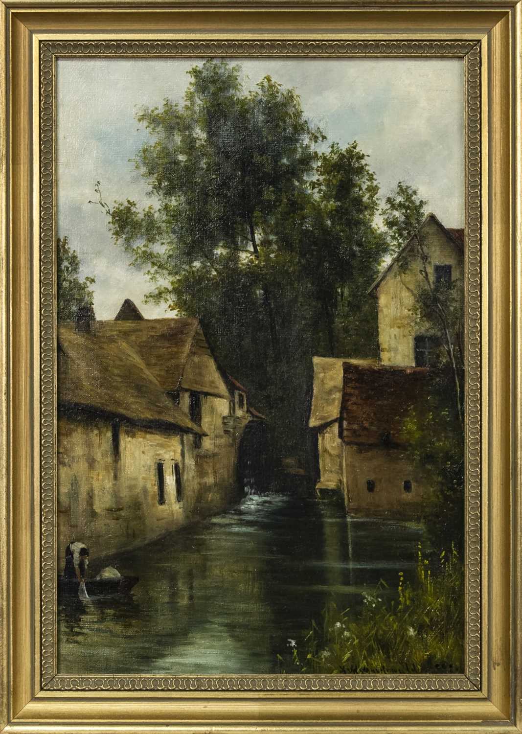 Lot 418 - WATER MILLS, SURREY, AN OIL BY A M MACDONALD