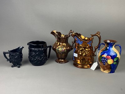 Lot 353 - A HAND PAINTED TWIN HANDLED VASE, MATCHING JUG AND OTHER JUGS ==