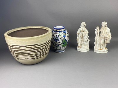 Lot 357 - A 20TH CENTURY HAND PAINTED VASE, PLANTER AND A PAIR OF FIGURES