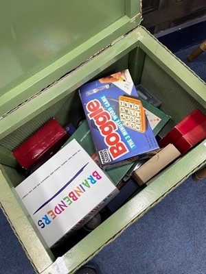 Lot 359 - A WICKER OTTOMAN, LLOYD LOOM STYLE CHAIR AND BOARD GAMES