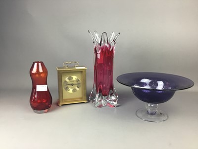 Lot 301 - A COLLECTION OF ART GLASS ALONG WITH A WINE BOTTLE HOLDER AND A BRASS CARRIAGE CLOCK