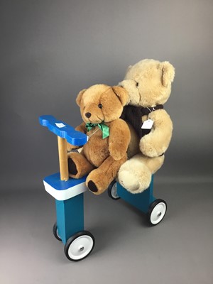 Lot 179 - A WOODEN PAINTED SCOOTER ALONG WITH TWO TEDDY BEARS