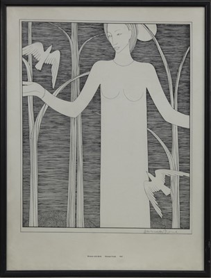 Lot 578 - WOMAN WITH BIRDS, A LITHOGRAPH BY HANNAH FRANK