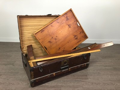 Lot 284 - A CABIN TRUNK, THREE VINTAGE T-SQUARES, YARD RULER AND A TRAY