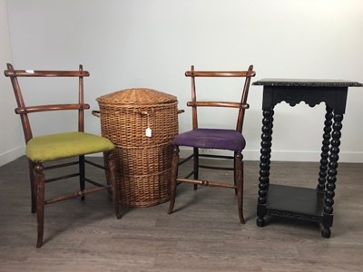 Lot 298 - A PAIR OF VICTORIAN BEDROOM CHAIRS, WICKER BASKET AND AN OCCASIONAL TABLE