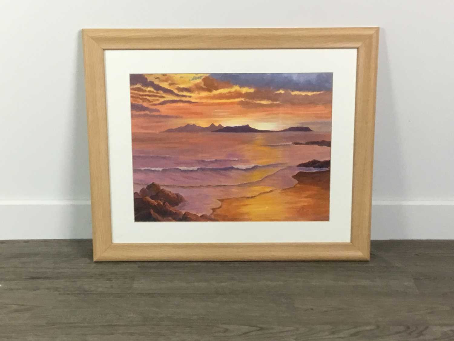 Lot 37 - AN ACRYLIC OF 'SUNSET OVER RUM AND EIGG', ALONG WITH TWO OTHERS