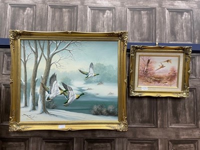 Lot 144 - DUCKS IN FLIGHT, OIL PAINTING IN GILT FRAME AND ANOTHER
