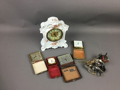 Lot 157 - A VICTORIAN PORCELAIN MANTEL CLOCK AND OTHER TIME PIECES