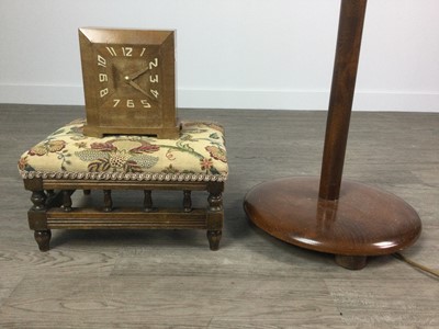 Lot 365 - A MAHOGANY FLOOR LAMP, MANTEL CLOCK AND FOOTSTOOL