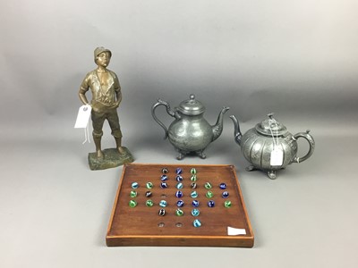 Lot 369 - A SPELTER FIGURE OF THE WHISTLING BOY, TEA POTS AND OTHER OBJECTS