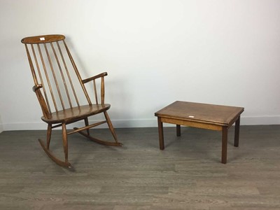 Lot 385 - AN ERCOL STYLE ROCKING CHAIR AND SMALL CARD TABLE