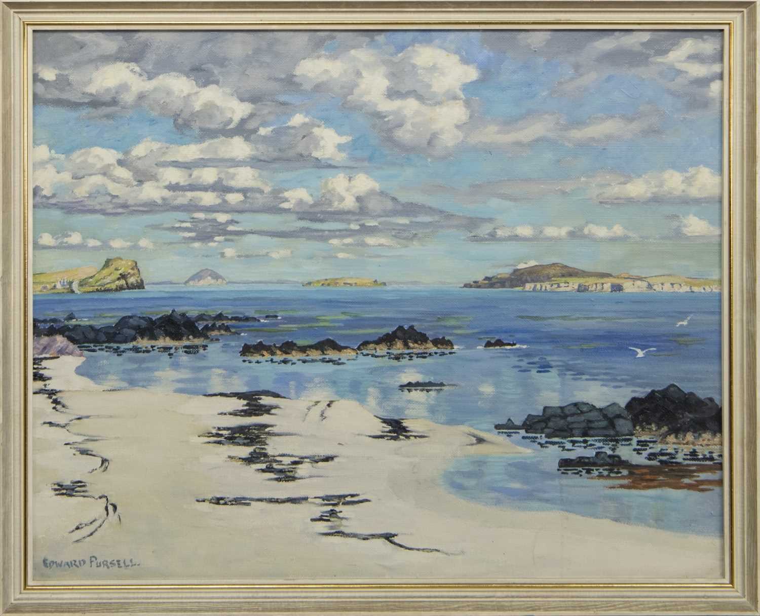 Lot 436 - SCOTTISH SHORE, AN OIL BY EDWARD PURSELL