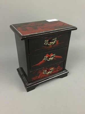 Lot 401 - A MUSICAL MINIATURE CHINOISERIE CHEST OF DRAWERS ALONG WITH MUSICAL AND OTHER BOXES