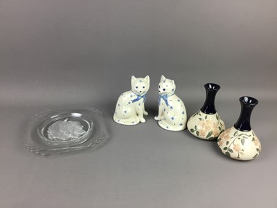 Lot 398 - A PAIR OF CERAMIC CAT FIGURES ALONG WITH OTHER CERAMICS AND GLASS