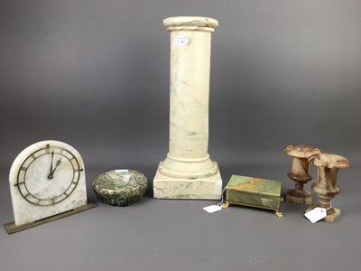 Lot 421 - A PAIR OF HARDSTONE NEOCLASSICAL STYLE MINIATURE URNS, MANTEL CLOCK AND OTHER OBJECTS