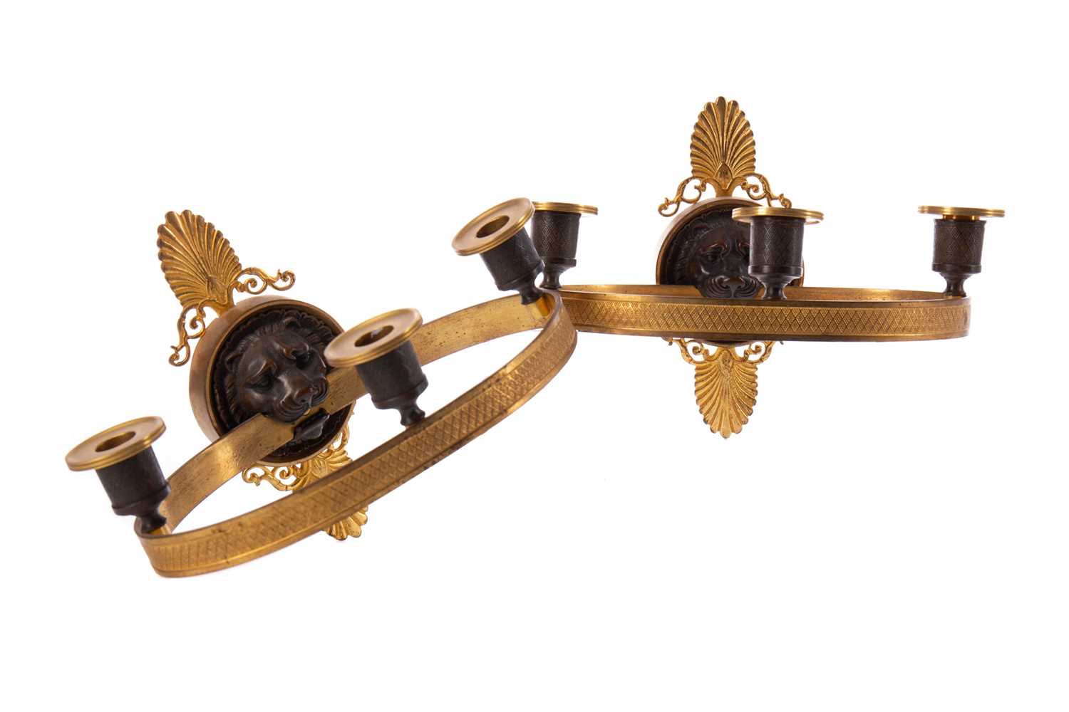 Lot 1311 - A PAIR OF 19TH CENTURY FRENCH EMPIRE BRONZE AND ORMOLU WALL SCONCES