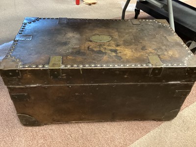 Lot 1316 - A 19TH CENTURY LEATHER BOUND COACHING TRUNK