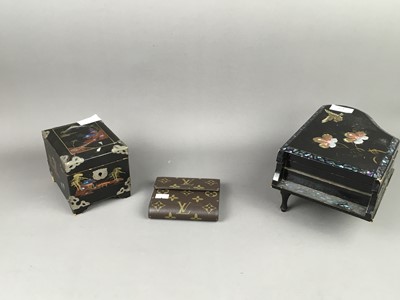 Lot 429 - A CHINESE LACQUERED JEWELLERY BOX ALONG WITH ANOTHER AND A WALLET