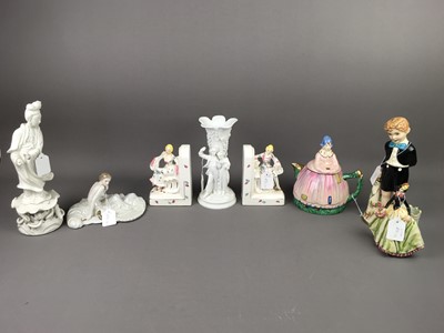 Lot 431 - A BLANC DE CHINE FIGURE OF GUANYIN ALONG WITH OTHER CERAMICS