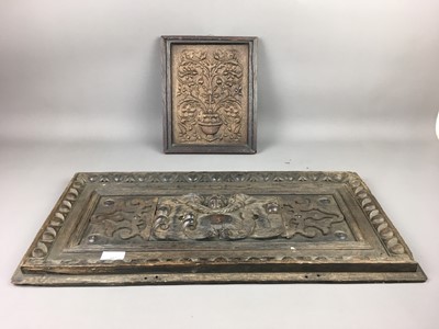 Lot 442 - AN 19TH CENTURY OAK RECTANGULAR PANEL AND ANOTHER