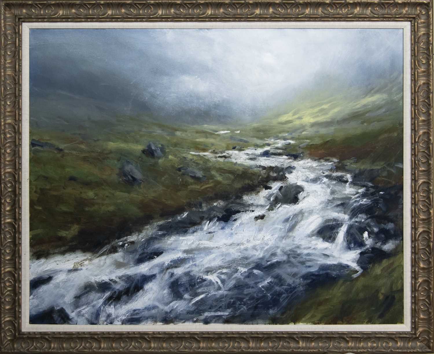 Lot 647 - HIGHLAND RIVER IN SPATE, ASSYNT, AN OIL BY JONATHAN SHEARER