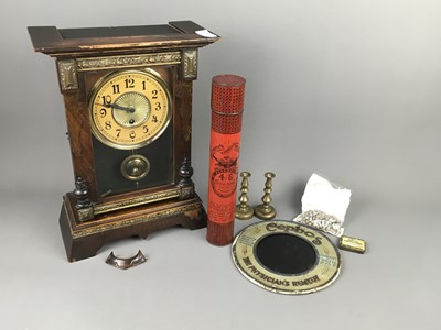 Lot 497 - A MANTEL CLOCK, BONE KNITTING NEEDLES, FOUR COSTUME BROOCHES AND OTHER OBJECTS