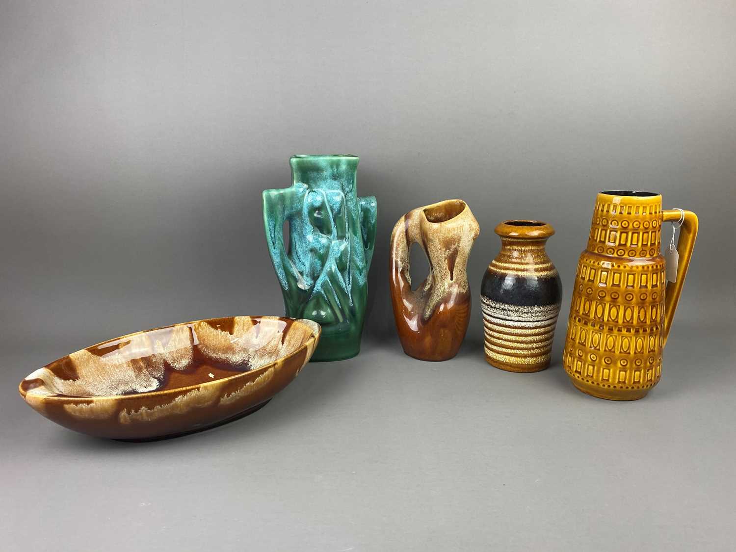 Lot 80 - A LOT OF TWO WEST GERMAN VASES, TWO OTHER VASES AND A BOWL